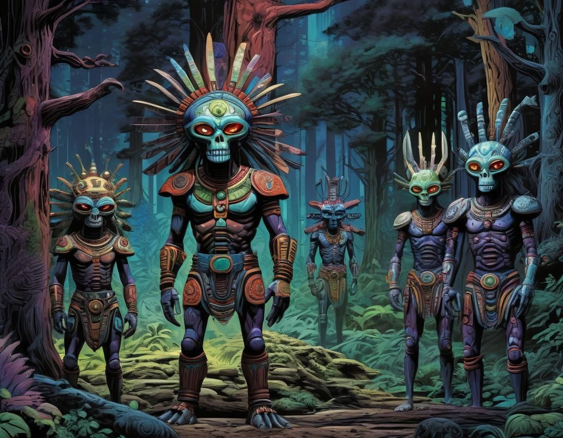 Mystical Alien-Kachinas in Comic Book Style