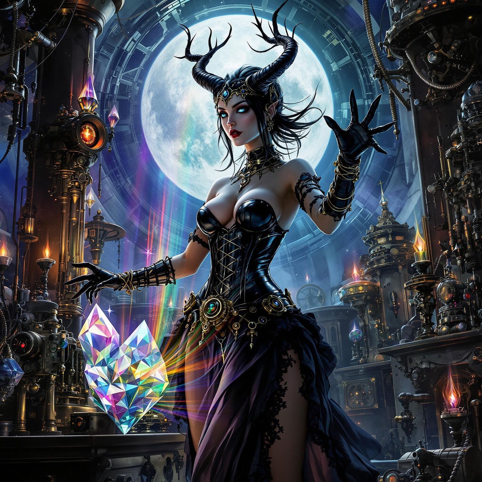 Steampunk Djinn Channels Energy in Gothic Laboratory