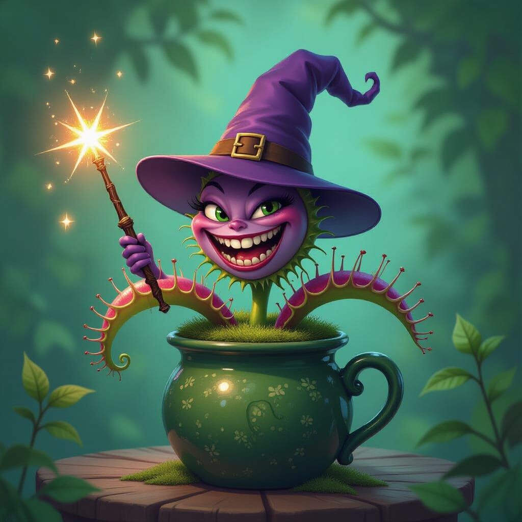 Whimsical Witchy Venus Fly Trap with Magical Wand