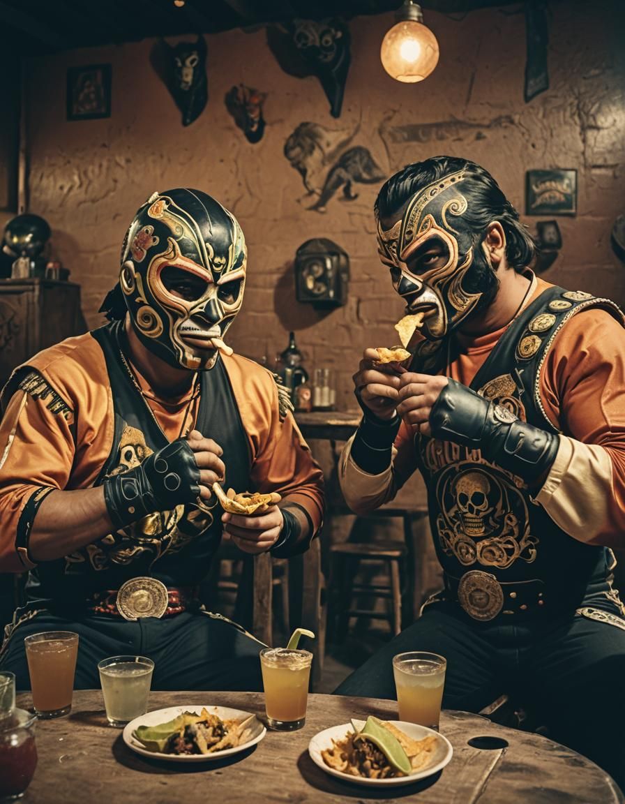 Cinematic Mexican Wrestlers Enjoying Tacos and Tequila