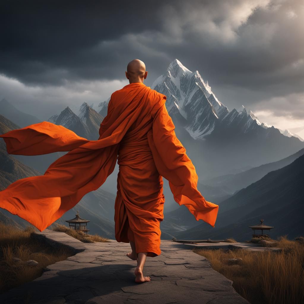 Monk Walks to Temple in Himalayan Landscape
