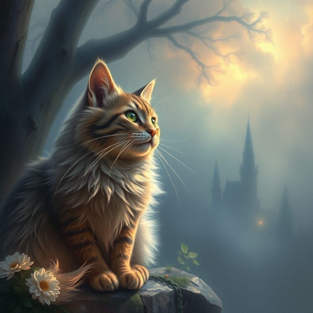 Ethereal Cat in Hyperdetailed Fantasy Landscape