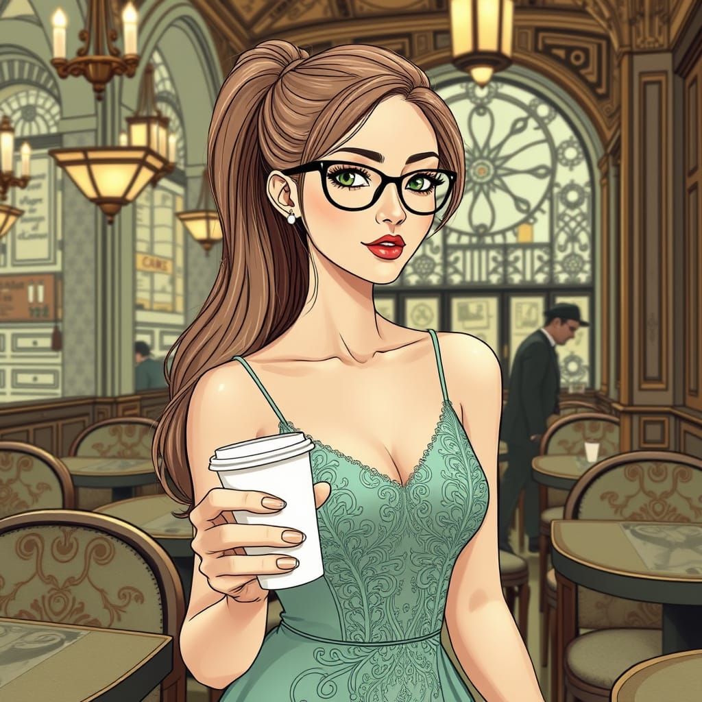 Eurasian Woman in Parisian Cafe, Ligne Claire Style