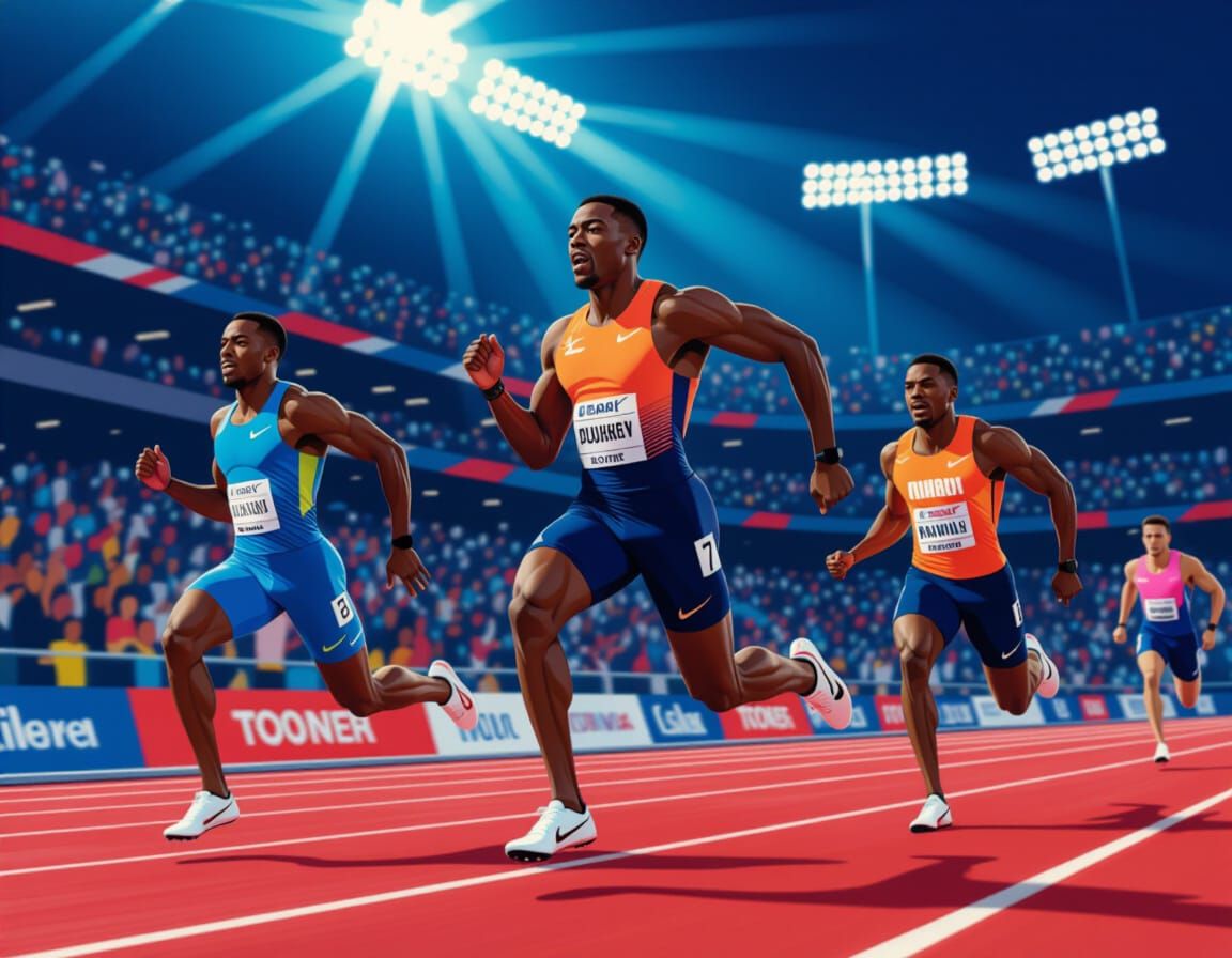 Athletes Sprinting to Victory Under Stadium Lights