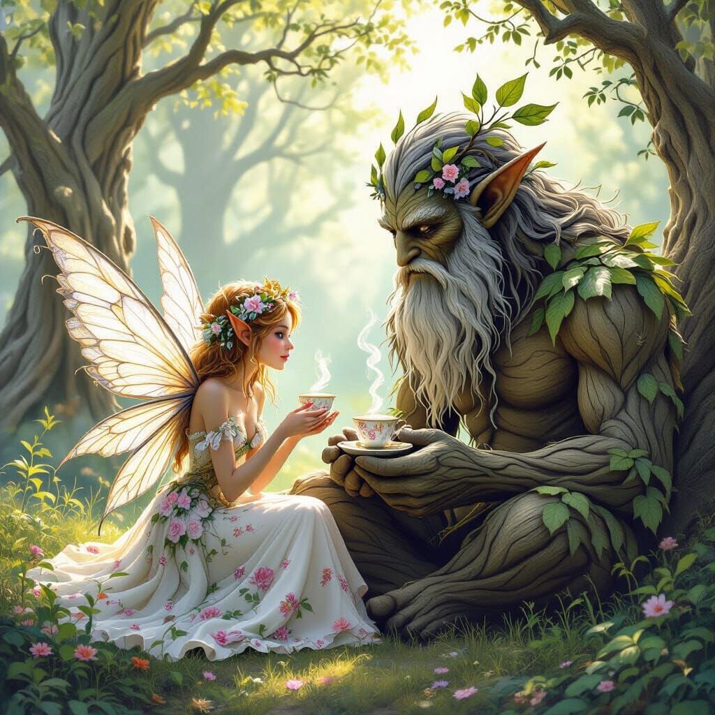 Fairy and Ent Share Tea in Forest Clearing