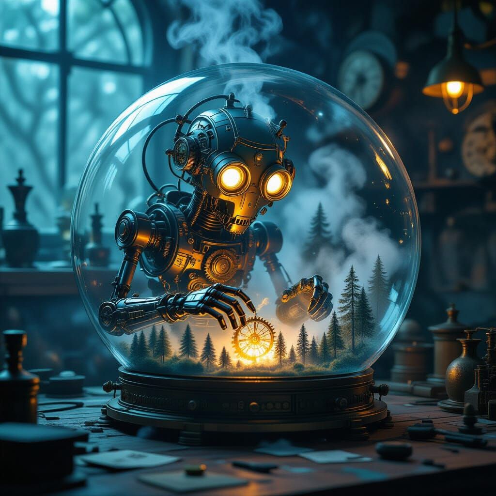 Steampunk Automaton Crafts Forest World in Glass Sphere
