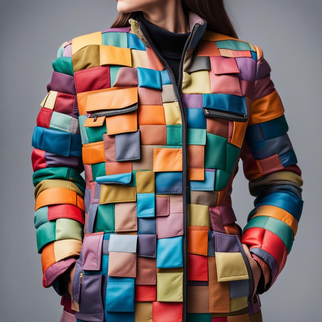 Full body Woman's jacket made up of multi-coloured pockets
