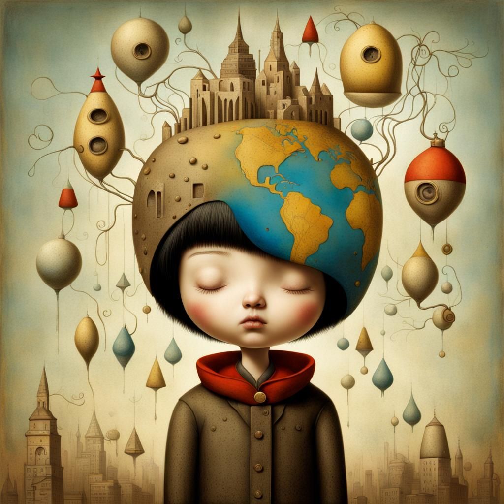 Whimsical Character in Futuristic Surreal Illustration