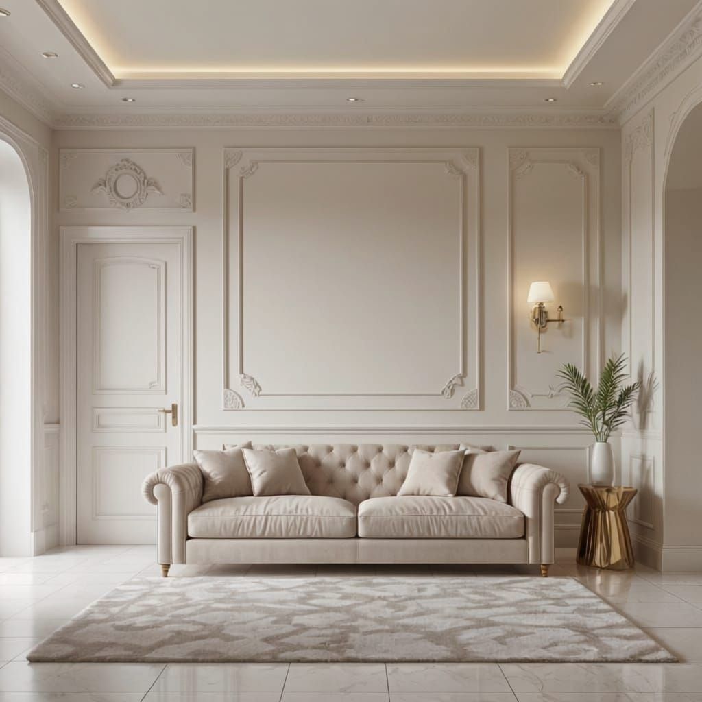 3D Rendered Living Room with Plush Sofa and Flush Door