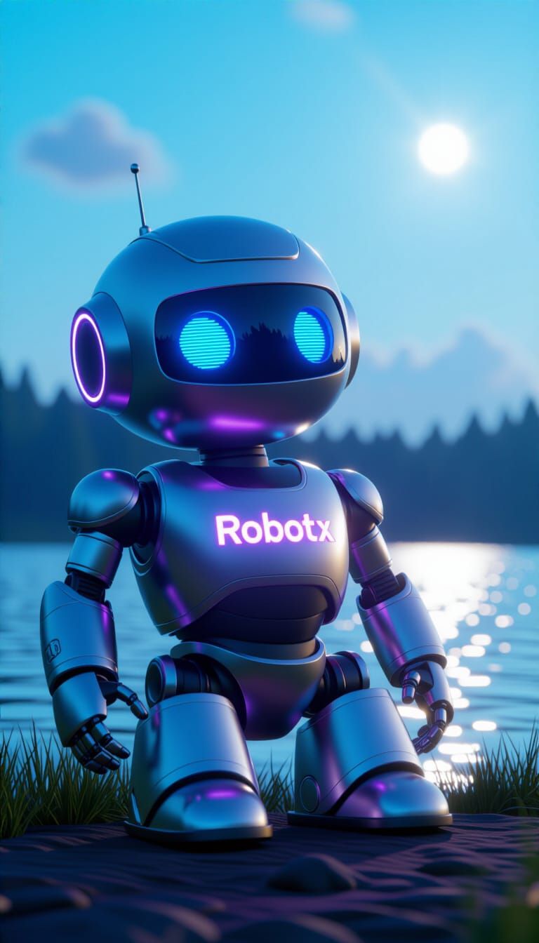 Cute Robot Robotx in Blue Golden Sky
