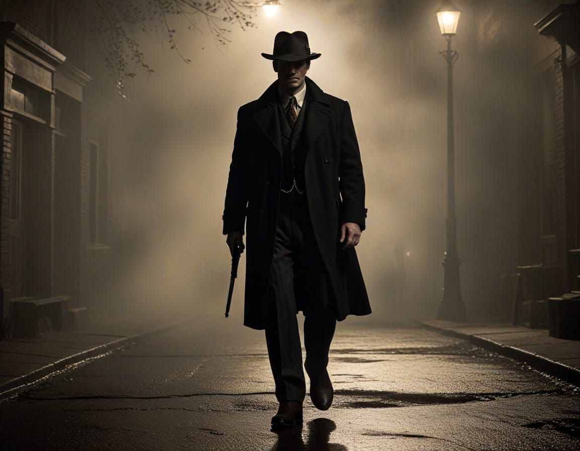 1920s Gangster in Foggy Street: A Film Noir Scene