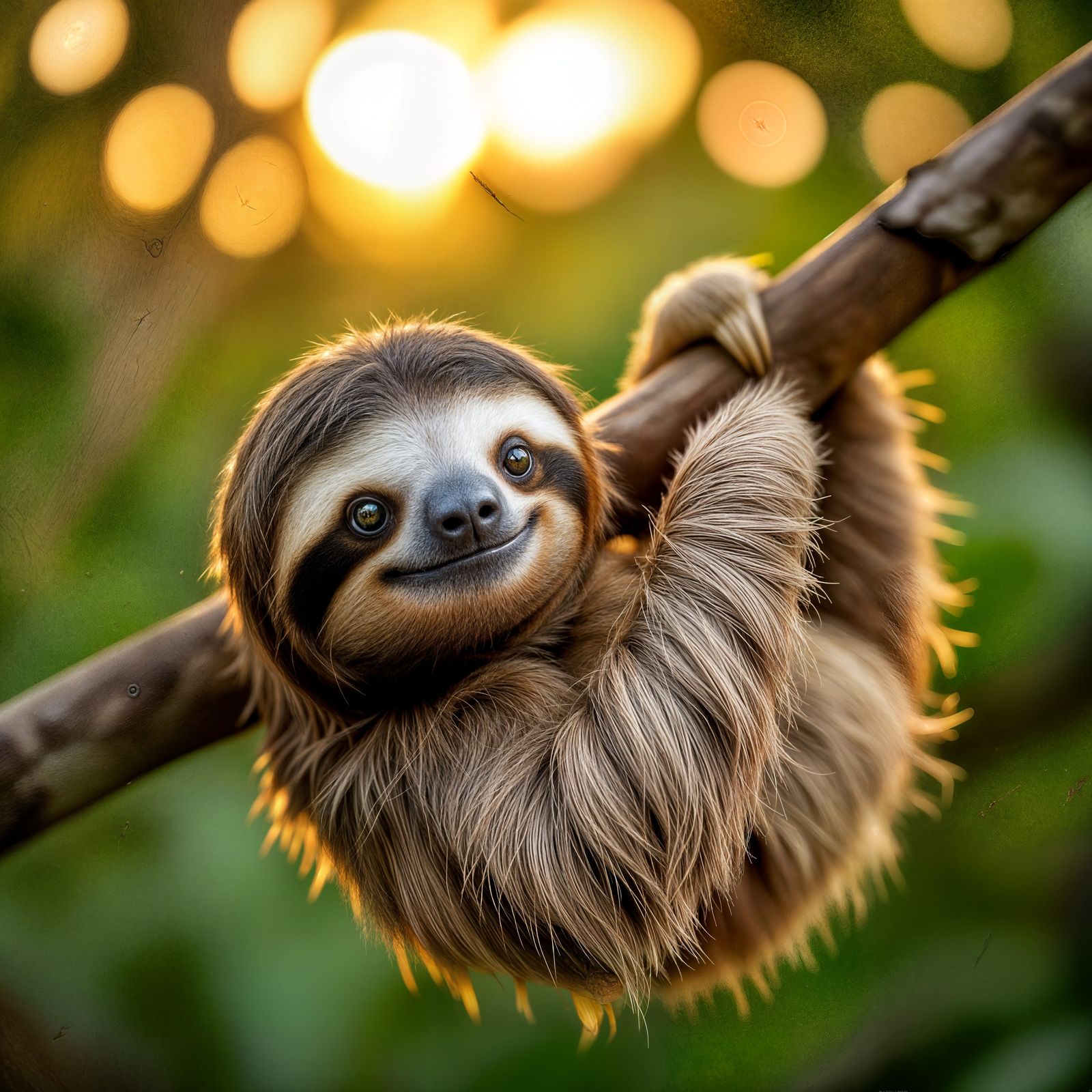 Relaxed Sloth Hanging on Tree Branch, Golden Hour Photograph...