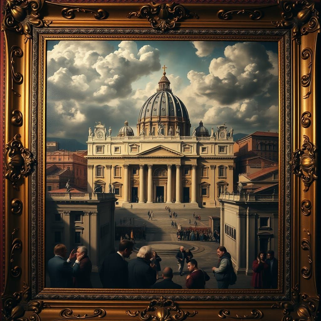 Historic antique painting of the Vatican in a beautiful gold...