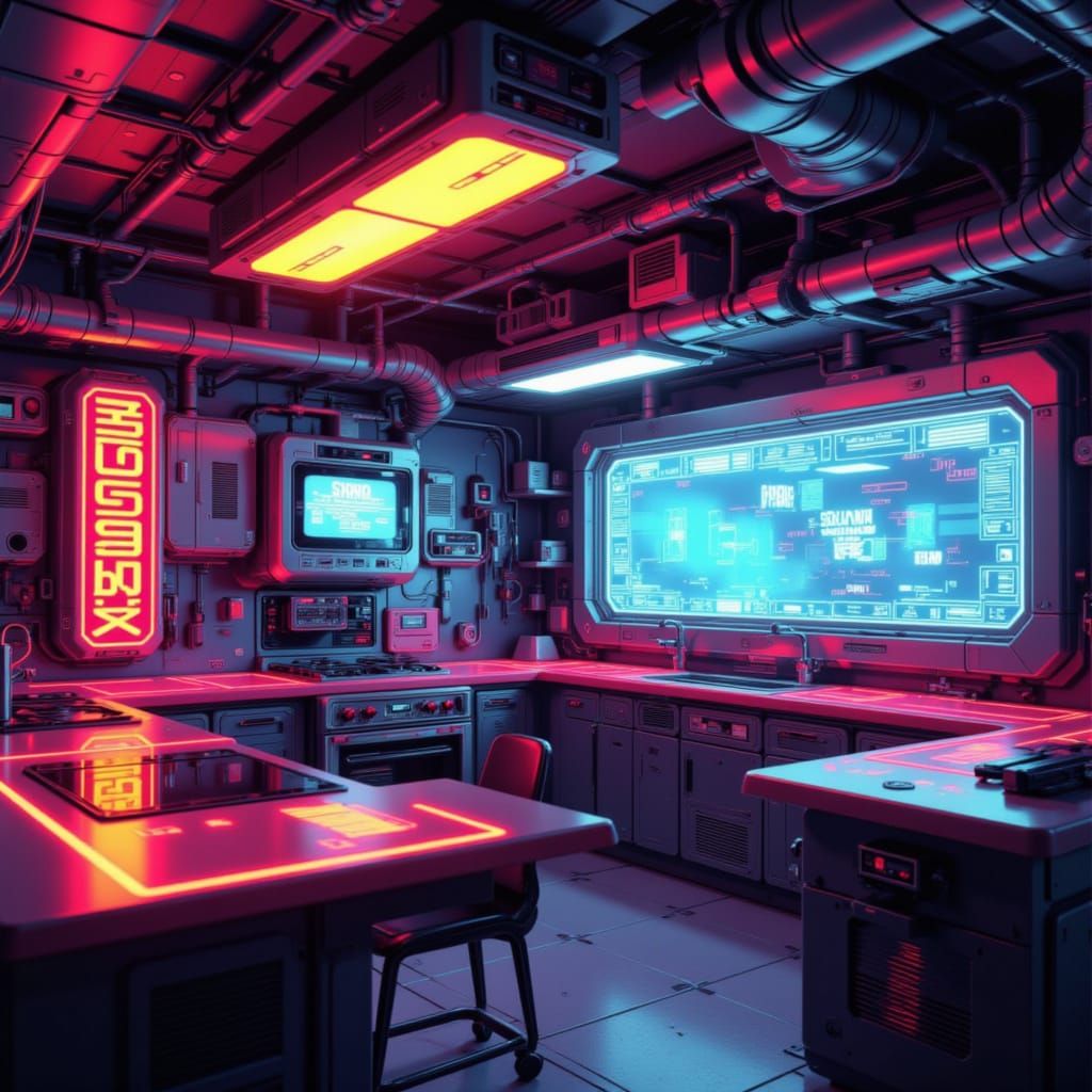 Retro-Futuristic Kitchen with Neon Lights in Cyberpunk Style