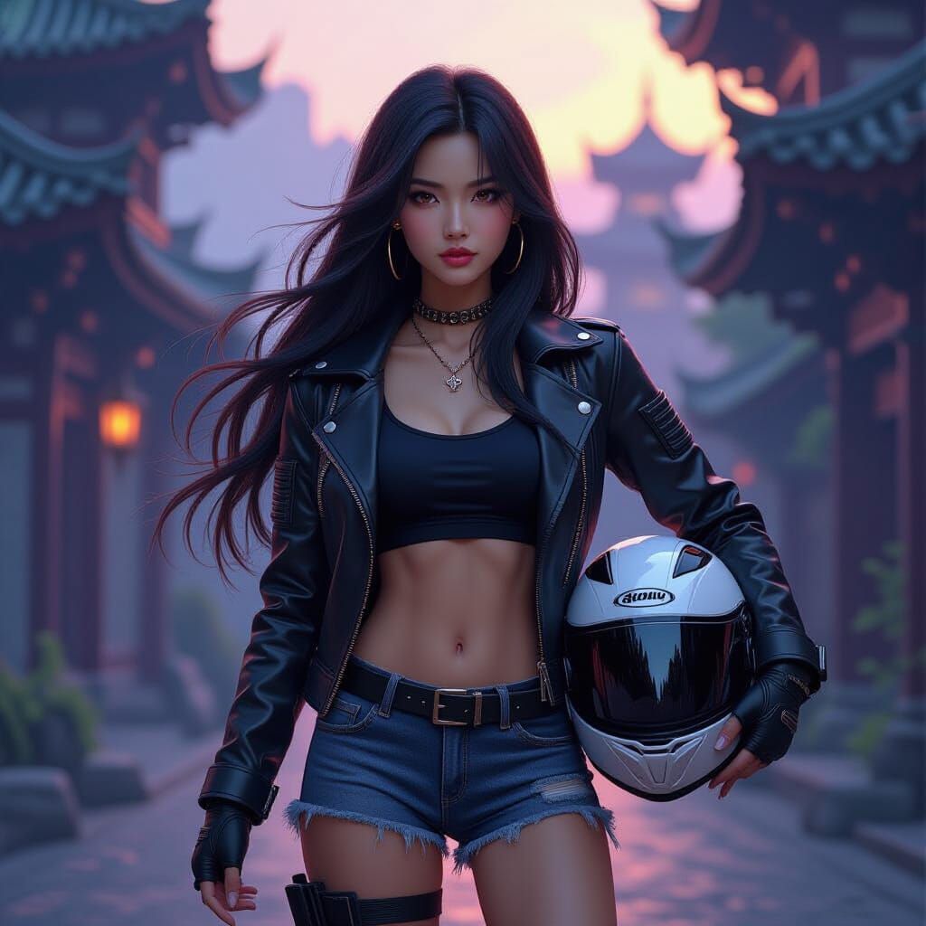 Fantasy Girl with Motorcycle Helmet, Hyperdetailed Digital A...