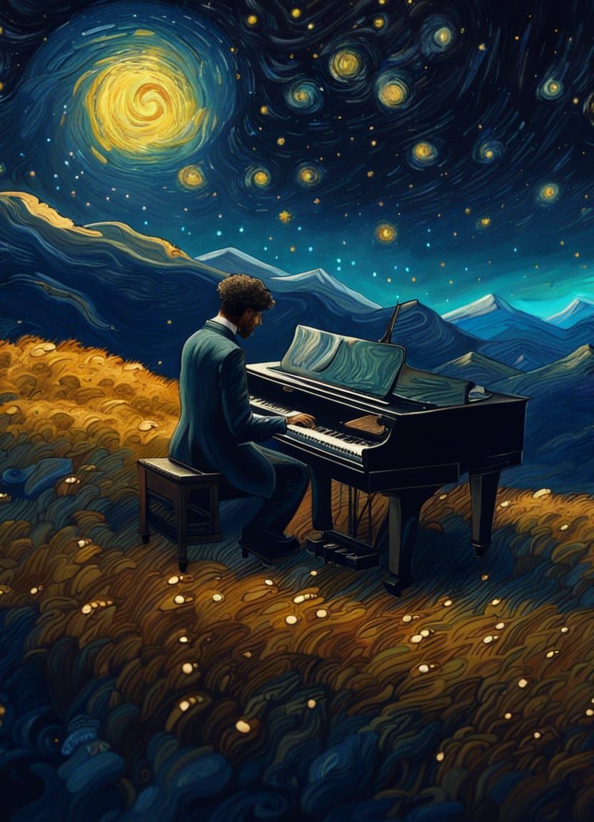 Pianist Plays Under Starry Sky as Van Gogh Painting