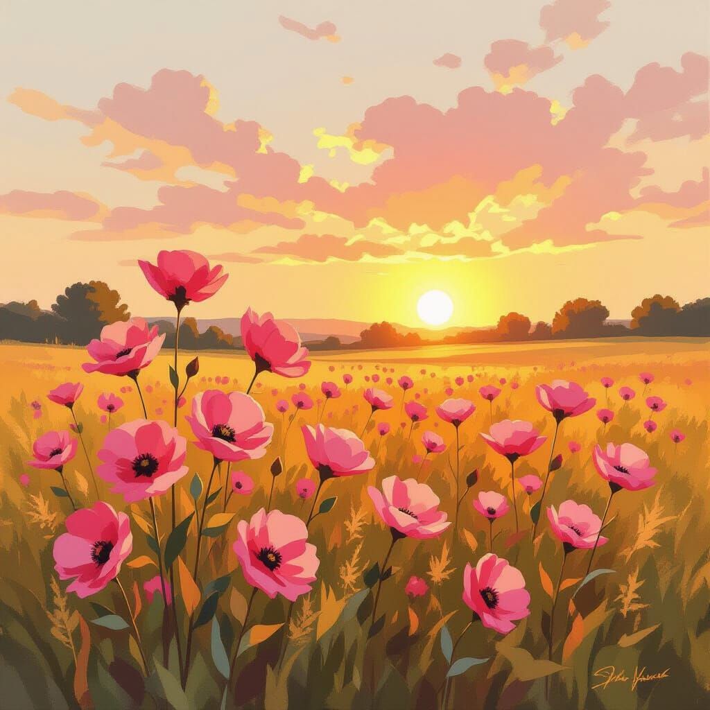 Pink Flowers in Field: Gouache Impasto Painting