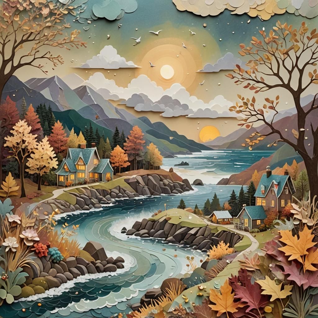 Whimsical Autumn Bay Collage with Golden Lighting
