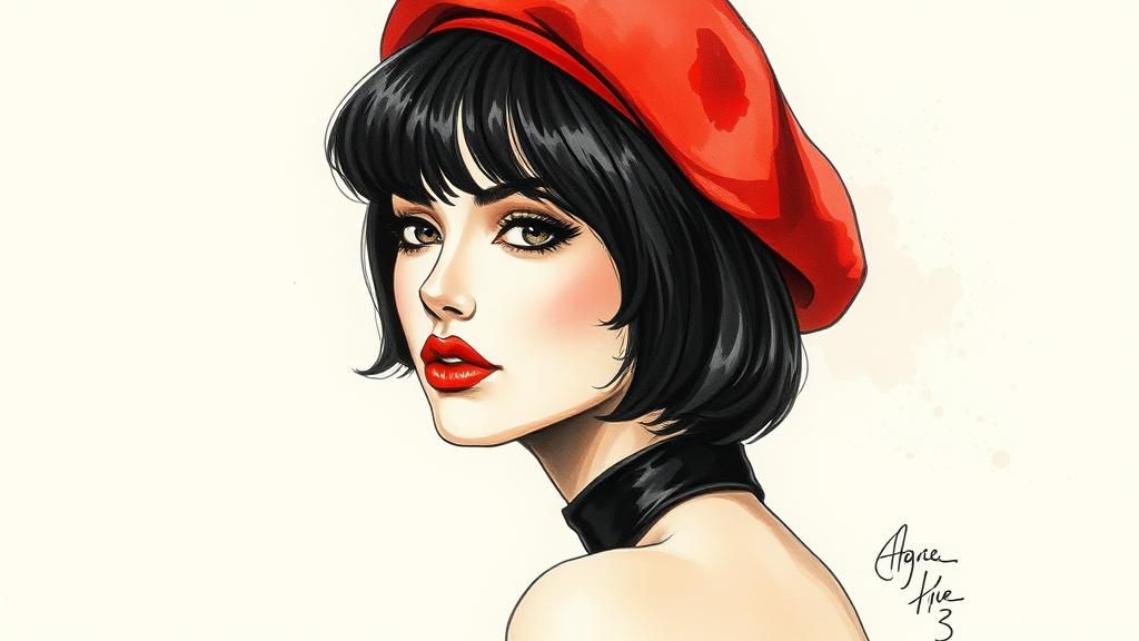 Exotic Showgirl in 1970s French Watercolor Style