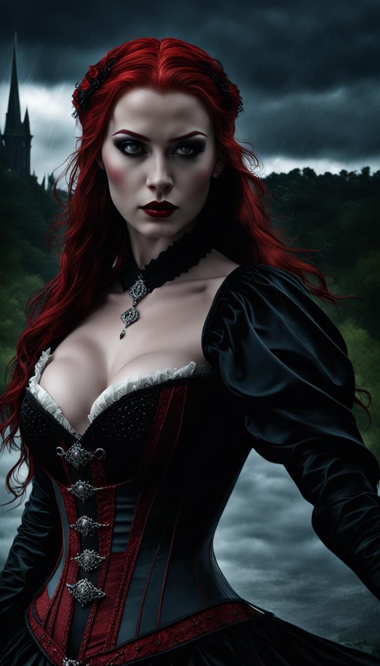 Redhead Vampire with Sword in Stormy Dark Fantasy