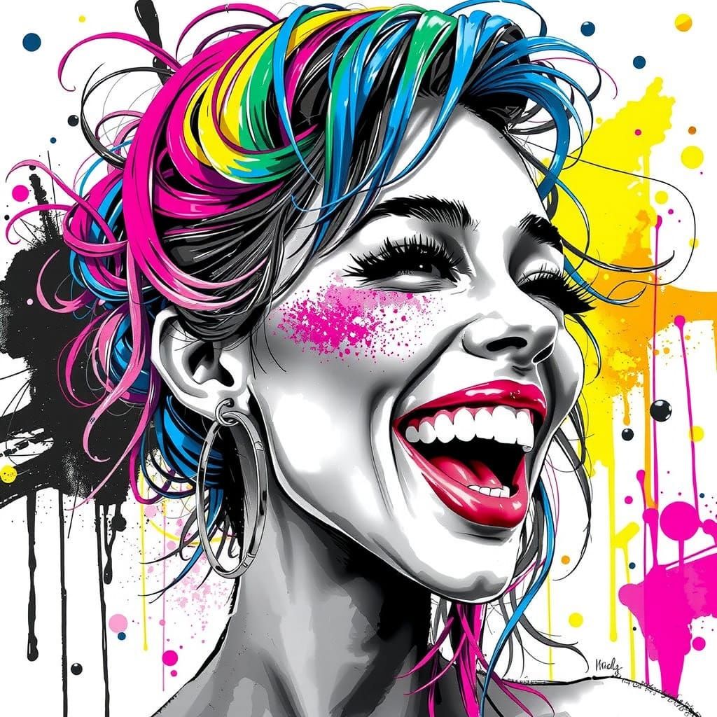 Laughing Woman with Rainbow Spaghetti Hair