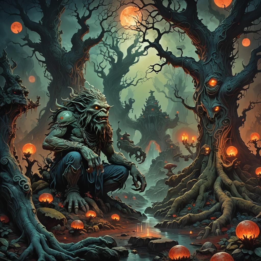 Eerie Underworld Realm with Monsters in Dark Surrealism