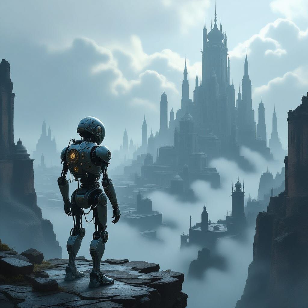 Automaton Gazes at Ruined Cityscape in Dark Fantasy Style