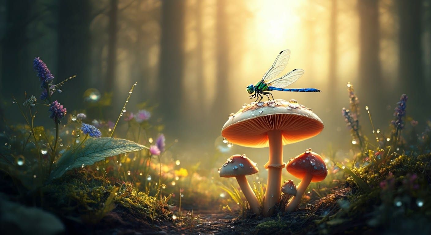 Mystical Dragonfly in Enchanted Forest at Golden Hour