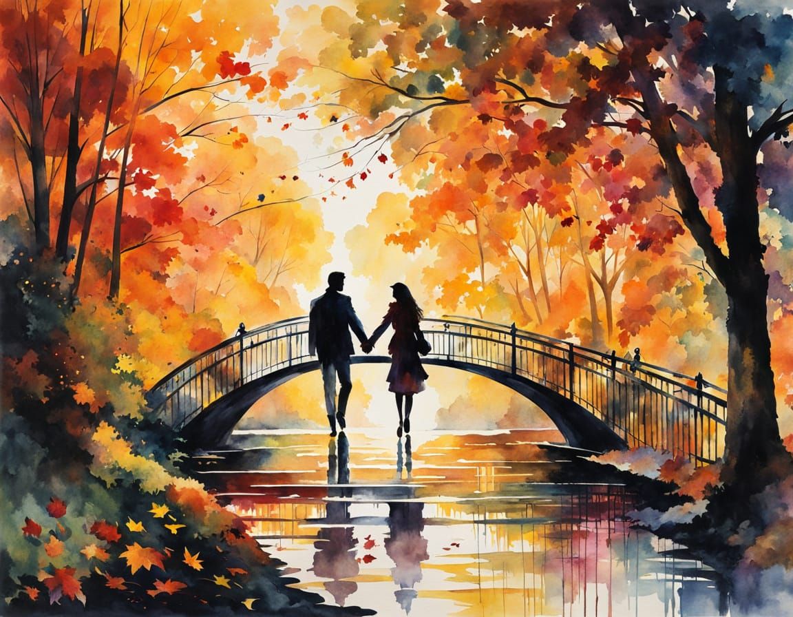 Lovers Walk Hand In Hand Over Waterfall Bridge