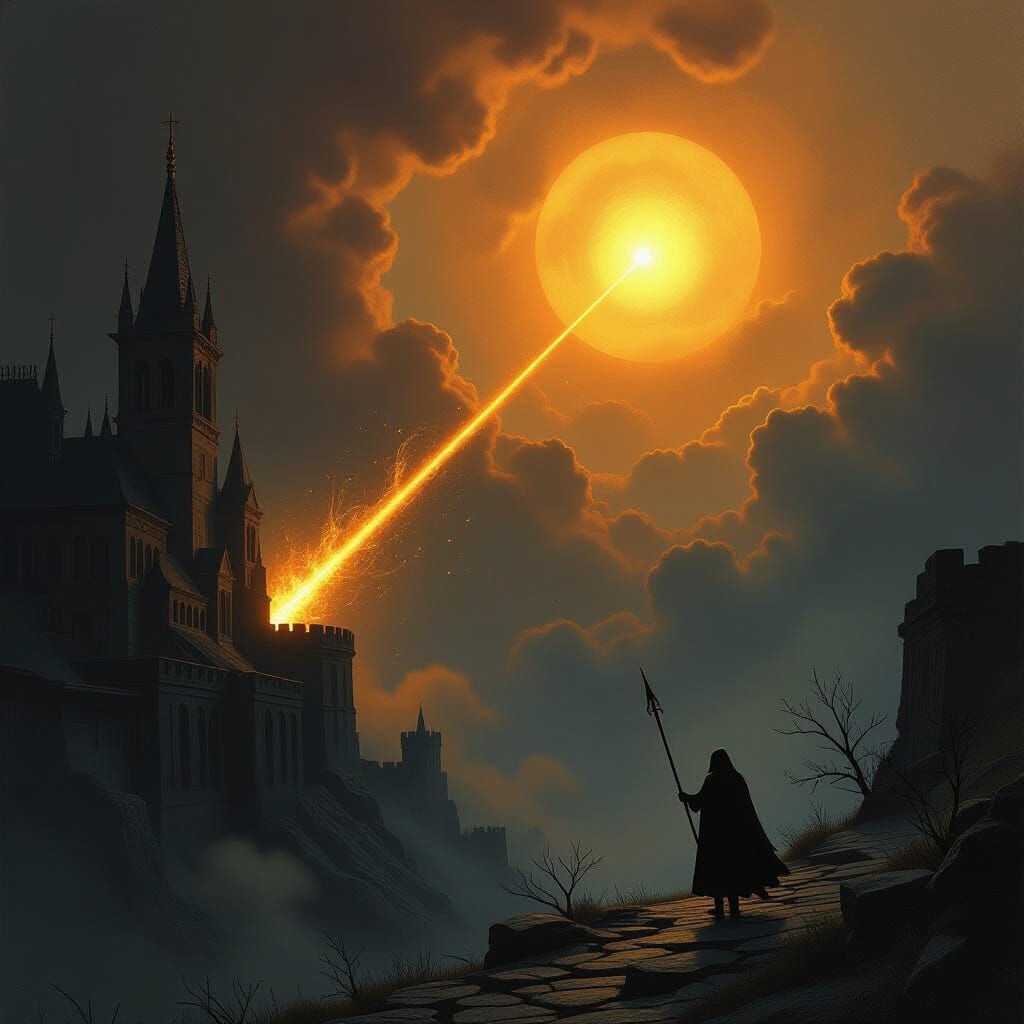Golden Arrows Pierce Darkness in Dramatic Fantasy Art