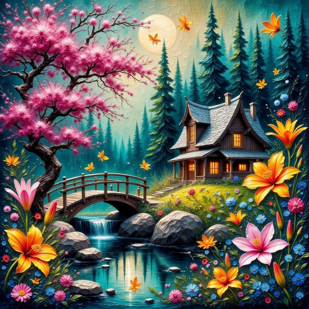 Whimsical Forest Bloom in Impasto Oil Painting