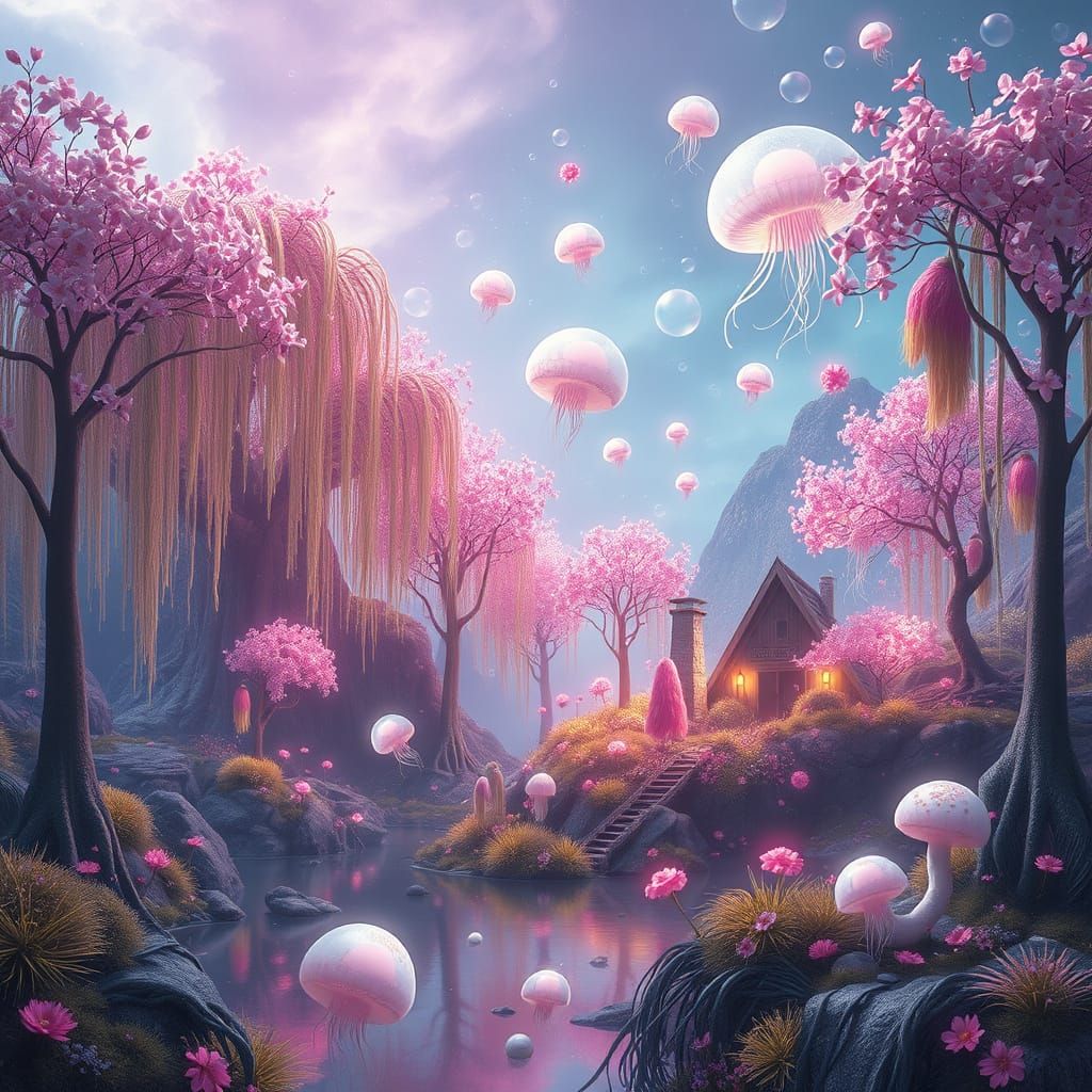 Ethereal Alien Landscape with Floating Creatures