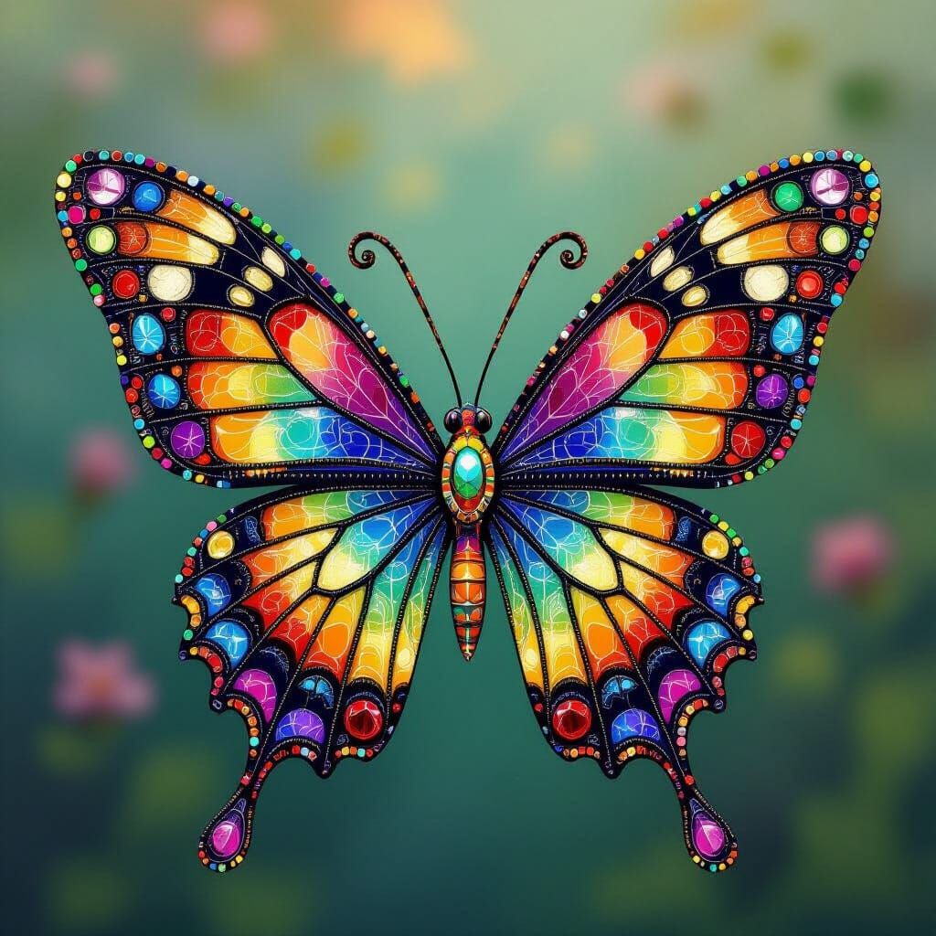 Rainbow Mosaic Butterfly with Symmetrical Wings