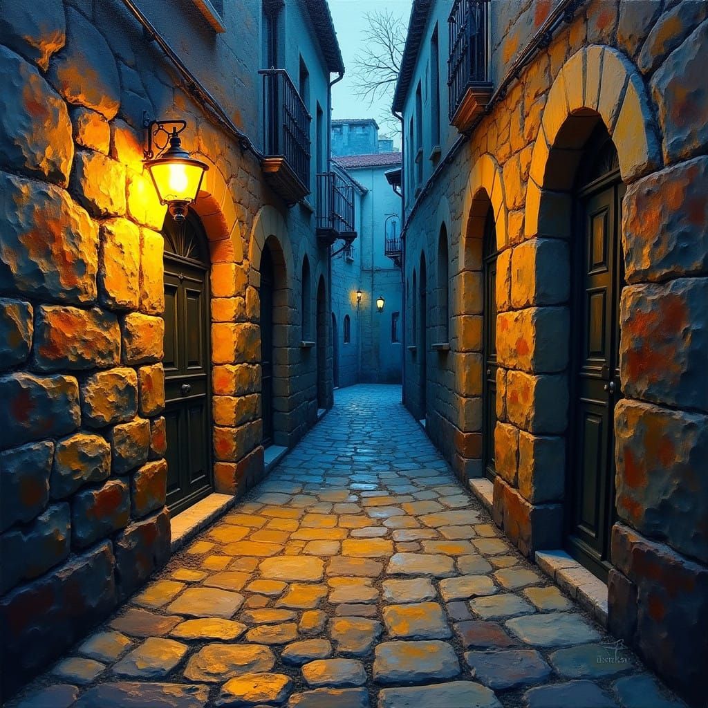 Neo-Expressionist Alleyways Scene with Warm, Golden Light