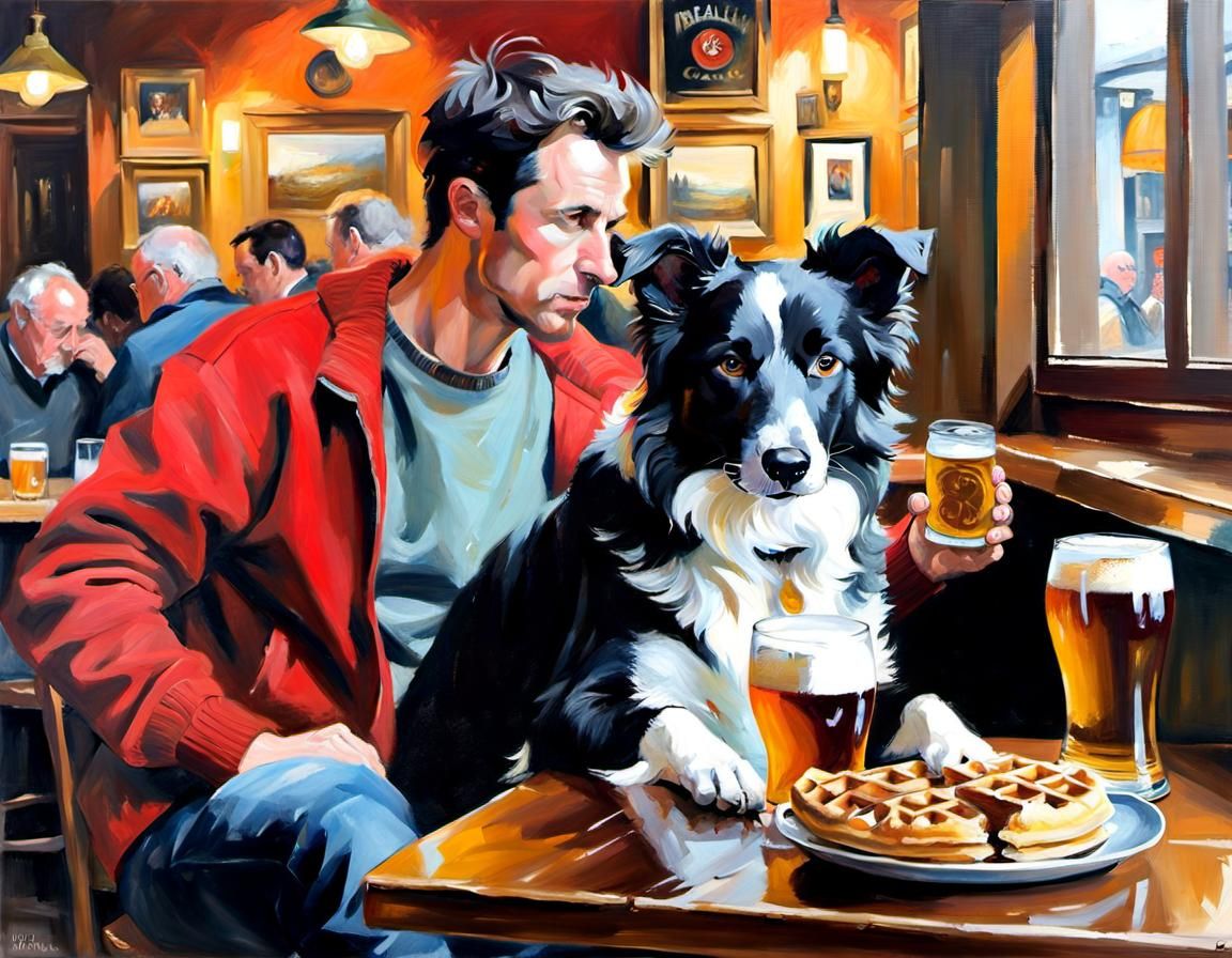 Man and Dog in Belgian Bar, Oil Painting Style