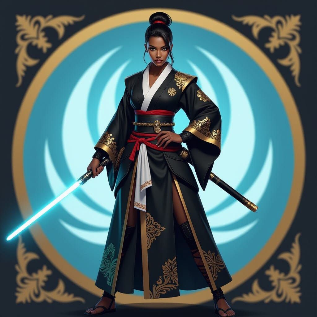 Black Female Assassin with Lightsaber in Kimono