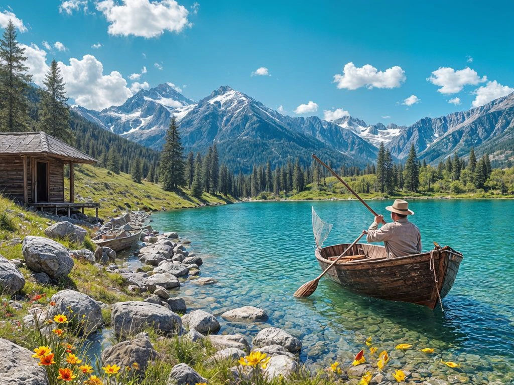 Alpine Fisherman in Rowboat, Setting Net on Turquoise Lake