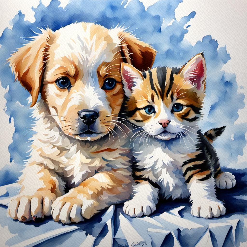 Hyperdetailed Puppy and Kitten Watercolor Painting