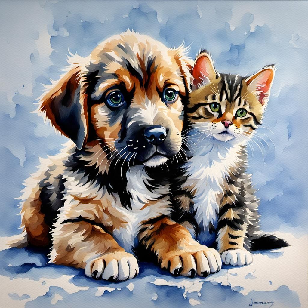 Watercolor Puppy and Kitten Oil Painting