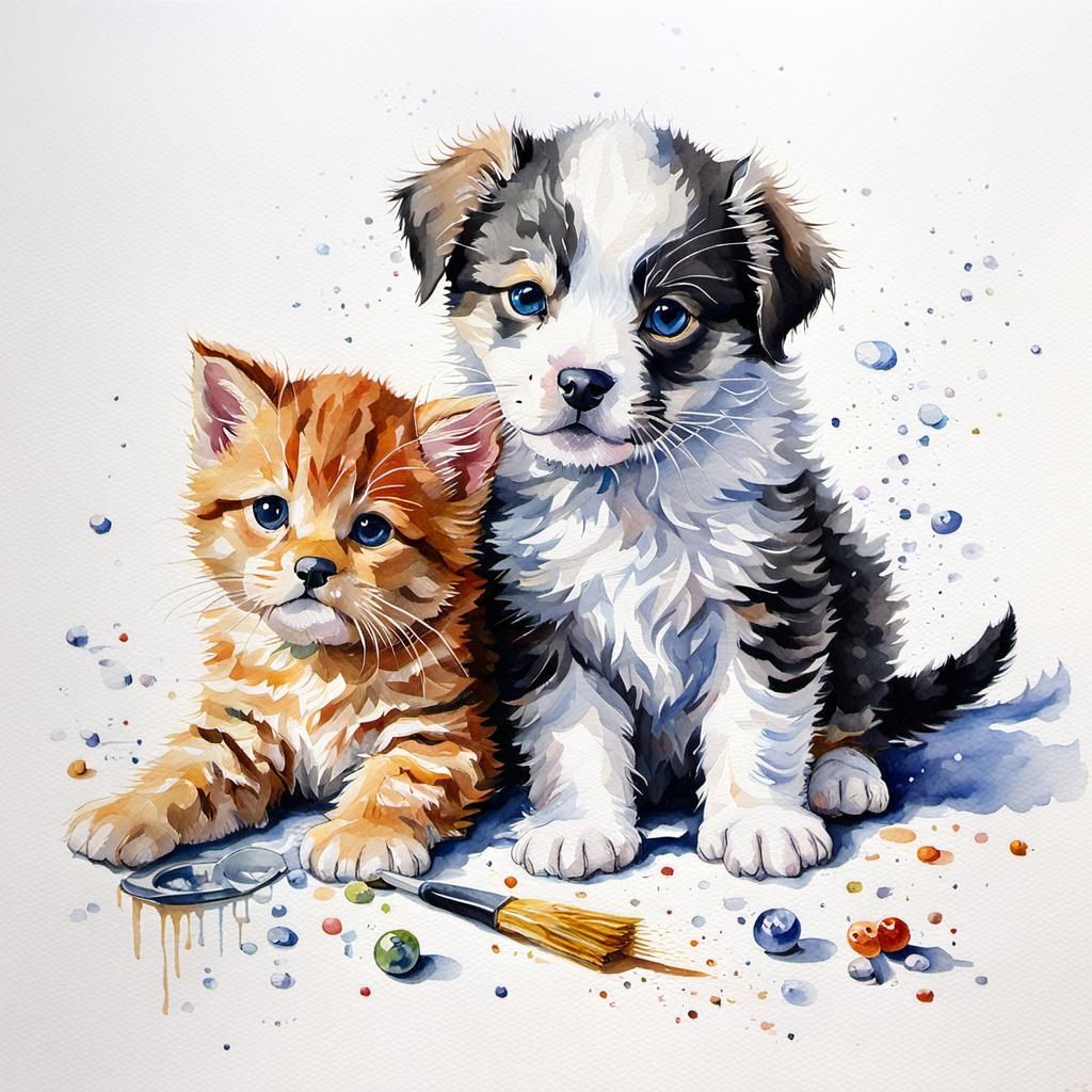 Watercolor Puppy and Kitten in Oil Painting Style
