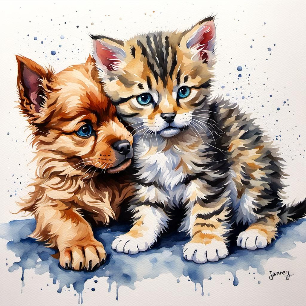 Watercolor Puppy and Kitten in Oil Painting Style