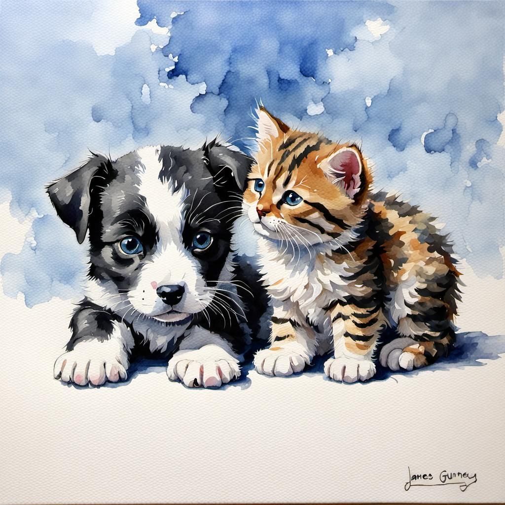 Cute Puppy and Kitten Watercolor Painting