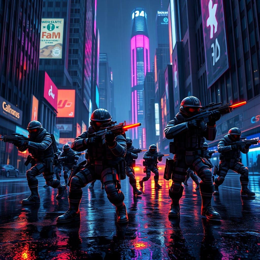 Cyberpunk Miniature Army Men Battle in Cityscape