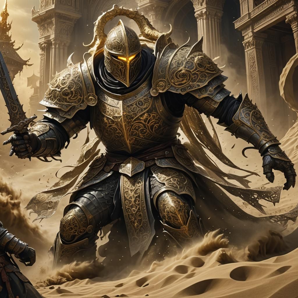 Sand Monster Engulfs Knight in Dark Fantasy Combat