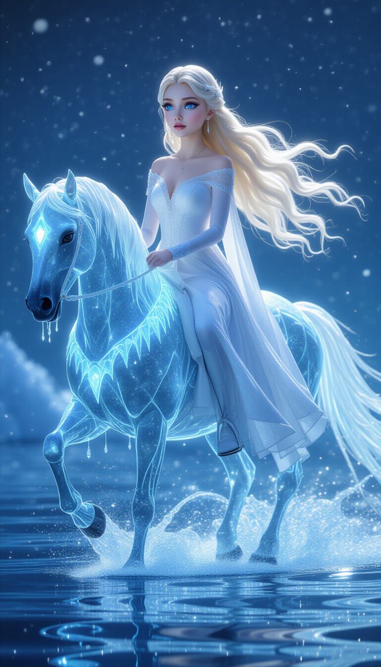 Magical Woman on Water Horse in Disney Pixar Style