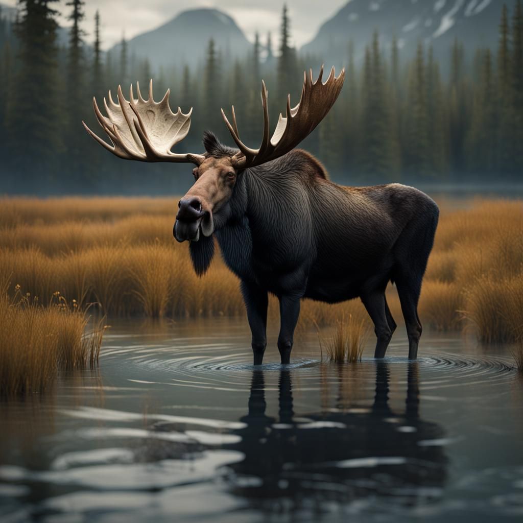 Bull Moose in Marsh: Detailed Matte Painting