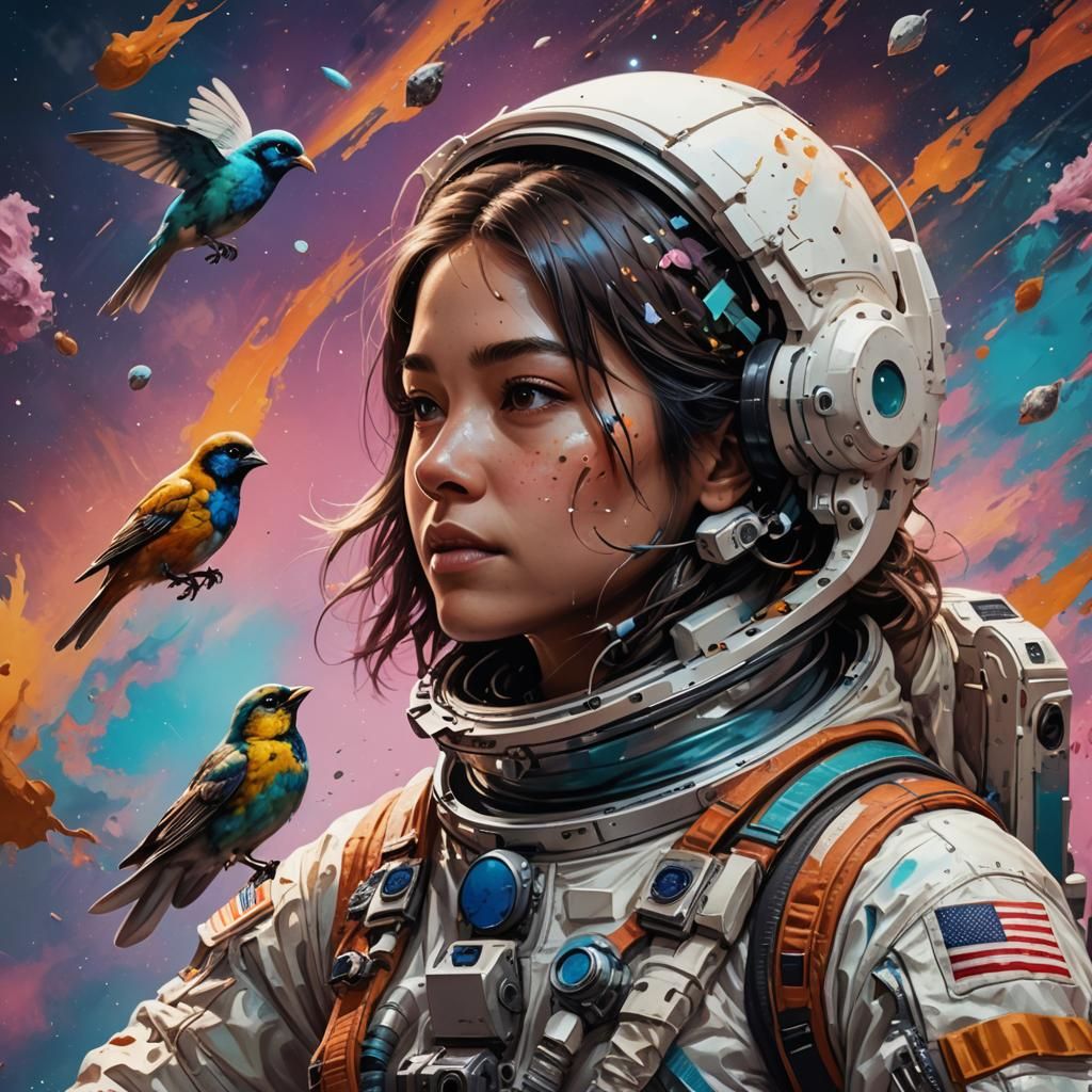 Astronaut Girl with Bird: Hyperrealistic Concept Art