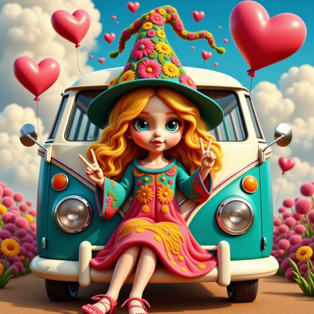 Girl in Tie-Dye Dress with VW Van and Heart Balloon