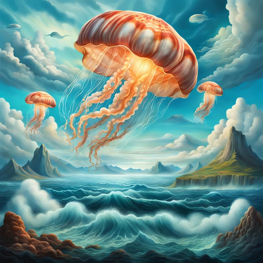 Surreal Seashell Landscape with Jellyfish Clouds