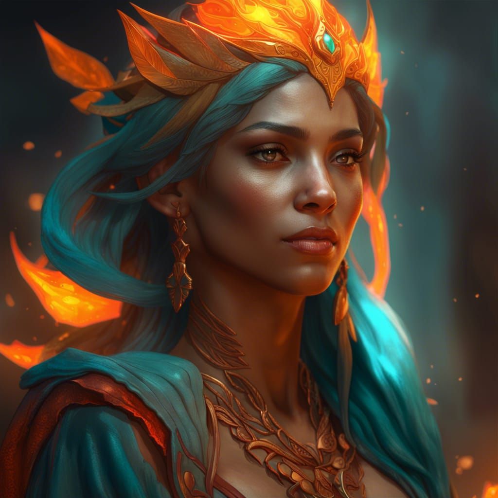 Fiery Elf Concept Art in Art Nouveau Style